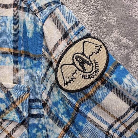 Aerosmith Shirt Mens Large Blue Plaid Flannel Angry Minnow Dream On Patch Rock - Picture 3 of 11